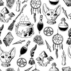Seamless pattern with mystical and mysterious objects. drawing in the sketch style. vector illustration