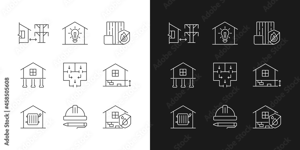 Poster building safety regulations linear icons set for dark and light mode. adequate housing. resistance t