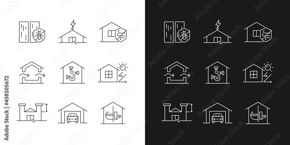Poster home building standards linear icons set for dark and light mode. pest management. weather resistanc