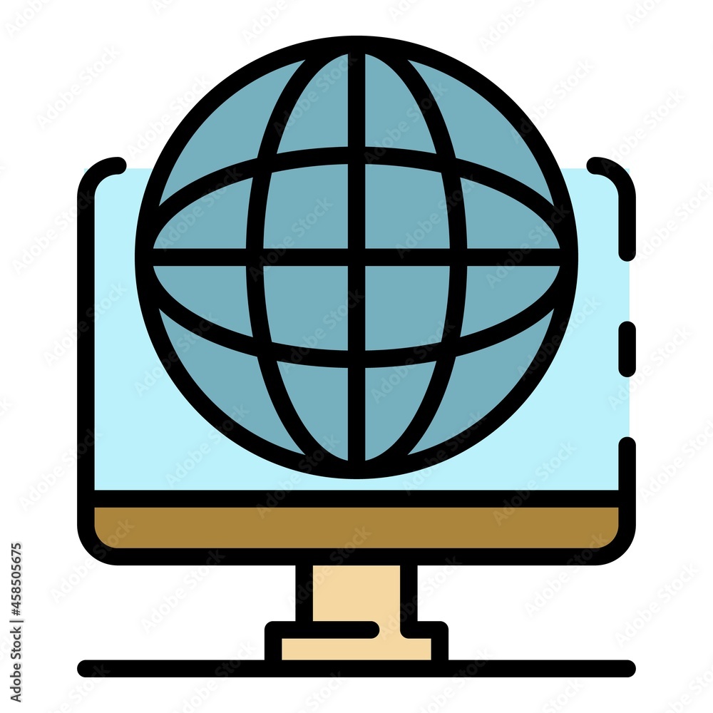 Poster computer and globe icon. outline computer and globe vector icon color flat isolated
