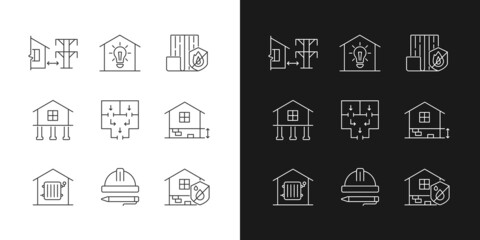 Building safety regulations linear icons set for dark and light mode. Adequate housing. Resistance to fire. Customizable thin line symbols. Isolated vector outline illustrations. Editable stroke