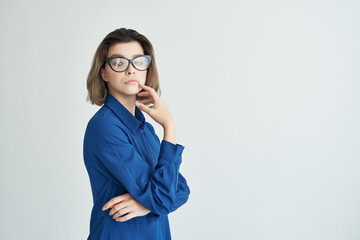 Business woman in blue shirt and glasses walkie-talkie office manager