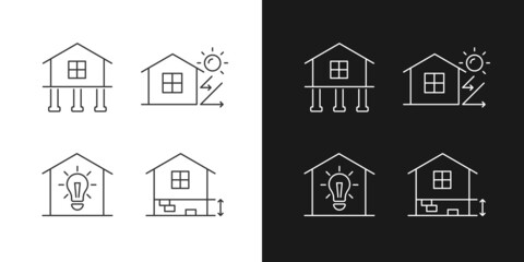 Residential building linear icons set for dark and light mode. Pile foundation. Electricity supply to home. Customizable thin line symbols. Isolated vector outline illustrations. Editable stroke