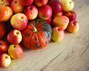 Fototapeta na wymiar still life ripe apples and pumpkin on the table