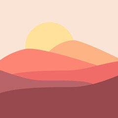 Abstract sunrise illustration with yellow sun and colorful mountains decoration on pastel pink background