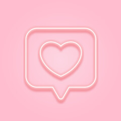 Pink social media notification neon light love like heart icon in rounded square pin.