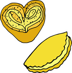 Vector hand drawn colored doodles cookies, bakery elements, bun, bread roll