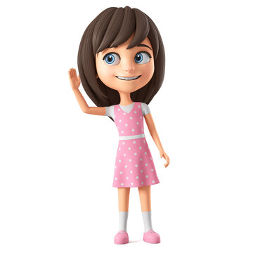 Cartoon character beautiful girl in pink dress and blue eyes overhears. 3d render illustration.