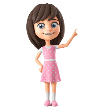 Cartoon character of a beautiful girl in a pink dress and blue eyes, points a finger at the empty space. 3d render illustration.