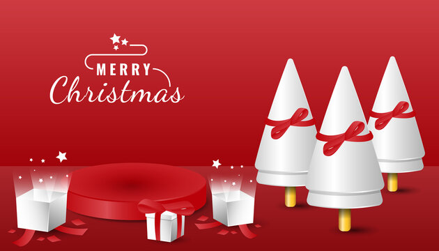3d merry christmas banner with tree and podium product display