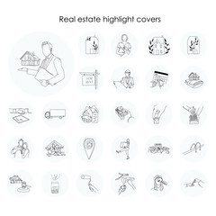 Real Estate minimal thin line web icon set. Included the icons as realty, property, mortgage, home loan and more. Real Estate Instagram Highlights cover icons.