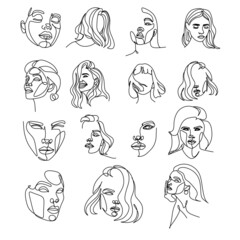 Women's faces in one line art style with flowers and leaves.Continuous line art in elegant style for prints, tattoos, posters, textile, cards etc. Beautiful women face Vector illustration