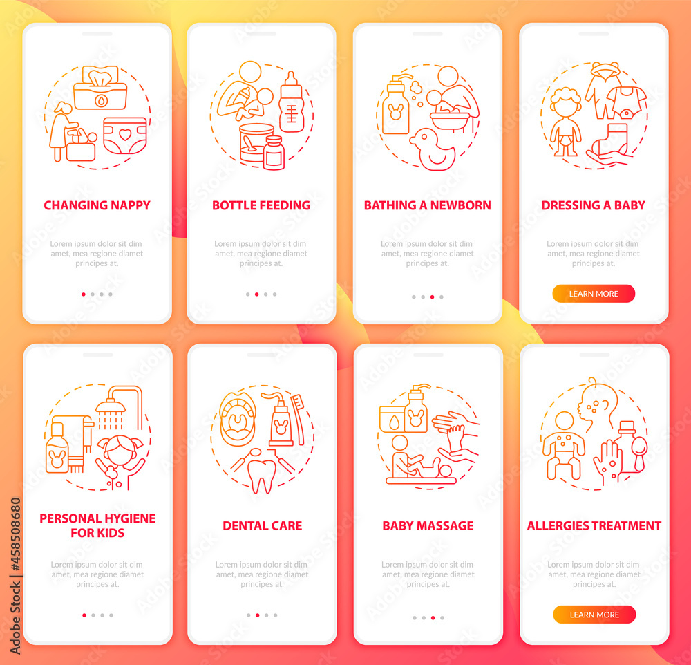 Poster raising child red gradient onboarding mobile app page screen set. health care walkthrough 4 steps gr