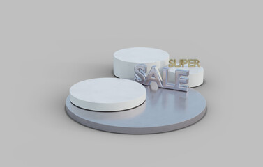 Round white podium with super sale text on empty gray floor background in clean studio scene. Modern showroom interior 3d rendering image for product display.