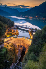 Aerial view of a hydropower station of Lago di Barcis lake in Italy