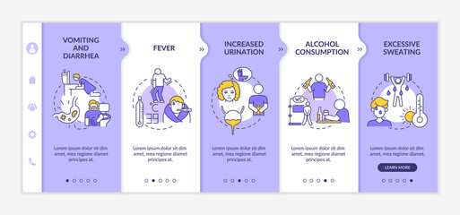 Dehydration causes onboarding vector template. Responsive mobile website with icons. Web page walkthrough 5 step screens. Loss of water factors color concept with linear illustrations