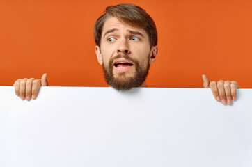 bearded man holding a white banner design isolated background