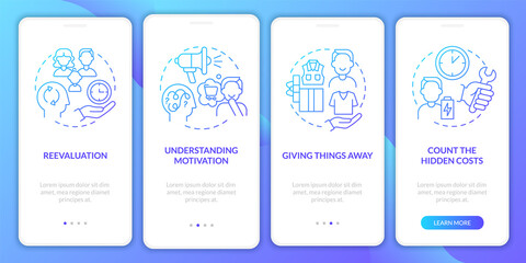 Challenging consumerism gradient blue onboarding mobile app page screen. Walkthrough 4 steps graphic instructions with concepts. UI, UX, GUI vector template with linear color illustrations