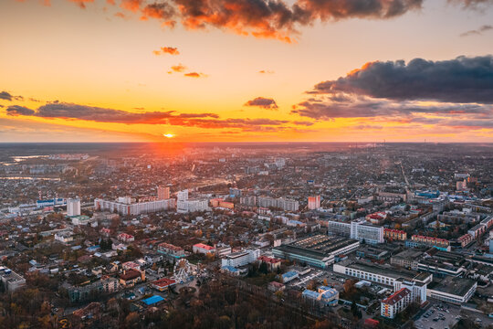 Gomel, Belarus. Aerial View Of Homiel Cityscape Skyline In Autumn Evening. Residential District And River During Sunset. Bird's-eye View © Grigory Bruev