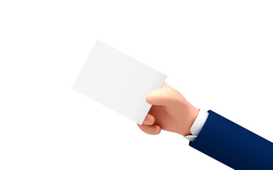 Vector сartoon hand holds out blank paper label or tag on white background. Businessman hand holding white paper