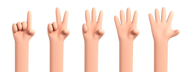 Vector cartoon hand counting from one to five isolated on white background. Set of palms with raised fingers.Cartoon set of counting hands. Hands gesture numbers.