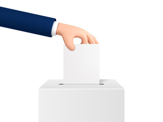 Vector cartoon hand putting paper into ballot box. Cartoon style voting concept isolated on white background.