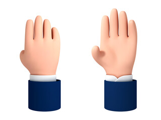 Obraz premium Vector cartoon open palm, hello gesture. Five fingers, hello palm isolated on white background. Cartoon character hand goodwill gesture.