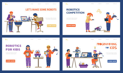 Obraz na płótnie Canvas Robotics for kids vector landing page template set. Boys and girls programming and engineering robots. Taking part in robotic competition.