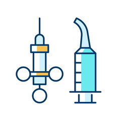 Dental irrigation syringe RGB color icon. Delivering local anesthetic. Dental supplies. Needle for intraoral injections. Performing procedure. Isolated vector illustration. Simple filled line drawing