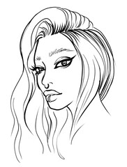 Portrait of a beautiful girl with fashion make up.Hand drawn illustration .Young woman image on white background.