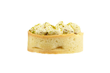 Sweet mini tart with pistachio and raspberry isolated on white