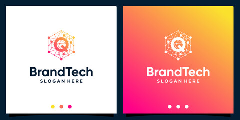 Blockchain technology abstract logo gradient with initial letter logo. Premium Vector