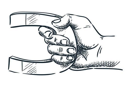 Human hand holding magnet. Vector hand drawn sketch illustration. Business, marketing attraction or science concept