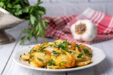 Traditional delicious Turkish food, Village style sour french fries (Turkish name; Koylu patates, eksili patates, Koy usulu eksili patates)