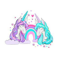 two unicorns on a rainbow background 