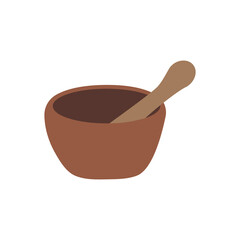 Mortar and pestle. Vintage bowl for chopping and kneading herbs and spices. Alternative medicine, herbalism, healing. Colorful vector isolated illustration hand drawn icon
