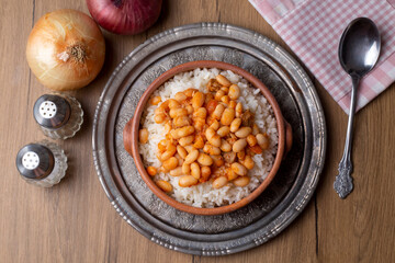 Traditional Turkish cuisine. Kuru Fasulye . Haricot Beans, rice and beans (Turkish name; pilav ustu kuru fasulye)