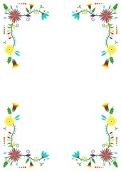Mexican traditional Otomi embroidery style. Flower ornamental frame isolated on white background . Copy space for text. For cover, greeting card, wedding party invitation, banner, restaurant menu.