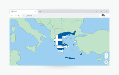 Browser window with map of Greece, searching  Greece in internet.
