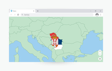 Browser window with map of Serbia, searching  Serbia in internet.
