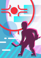 Poster with silhouette of hockey player. Sport placard design in cartoon style.