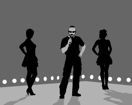 Young man and women with a microphone reads a rap. Stylized image on theme of hip hop