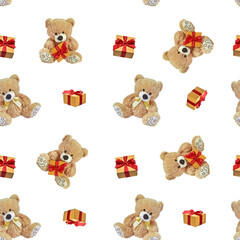 Seamless pattern of teddy bears and gifts on a white background. Christmas and New Year backdrop. Design element