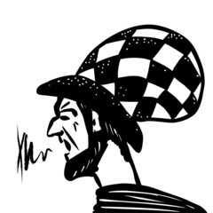 Angry man with beard in football fans hat screaming out during game. Hand drawn style black and white vector illustration. 