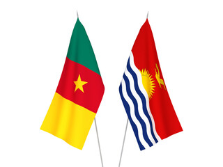 National fabric flags of Republic of Kiribati and Cameroon isolated on white background. 3d rendering illustration.