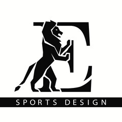 Letter E with Lion. Sporty Design. Creative Black Logo with Royal Character. Animal Silhouette. Stylish Template for Brand Name, Sports Club, Business Cards, Printing on Clothing. Vector Illustration
