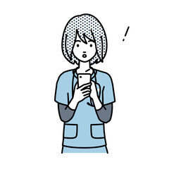 立ってスマートフォンを操作して何かに気づいて驚いた看護師の女性