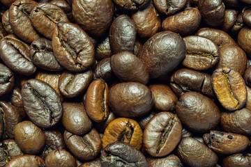 Close-up of coffee beans with details cracked by heat on a white background.