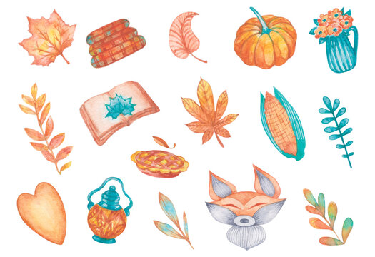 Cozy autumn watercolor set isolated on white. Hand drawn season illustrations pumpkin, leaves, fox, book and corn. Suitable for posters, invitations, stickers, greeting cards, banners.