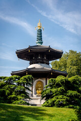 Peace Pagoda, presented to Londoners by the Buddhist leader Nichidatsu Fuji in 1984, This side represents Buddha's enlightenment, Battersea Park, London, England, UK